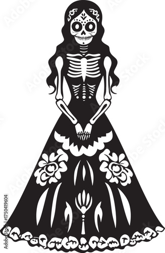 A black and white illustration of a skeleton woman in a long dress with floral patterns, standing vector illustration