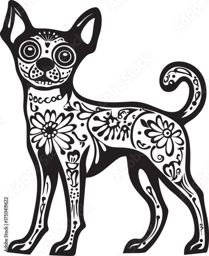 A black and white illustration of a dog with intricate sugar skull designs on its body.