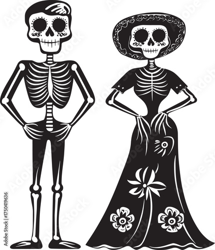 Two skeletons, one male and one female, dressed in traditional Mexican attire, standing side by side.