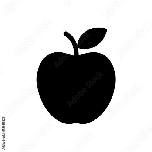 Black silhouette of an apple with a leaf on transparent background