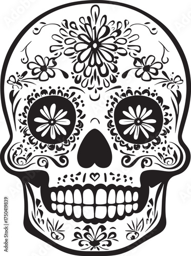 A detailed, intricate sugar skull with floral patterns and a black outline on a white background.