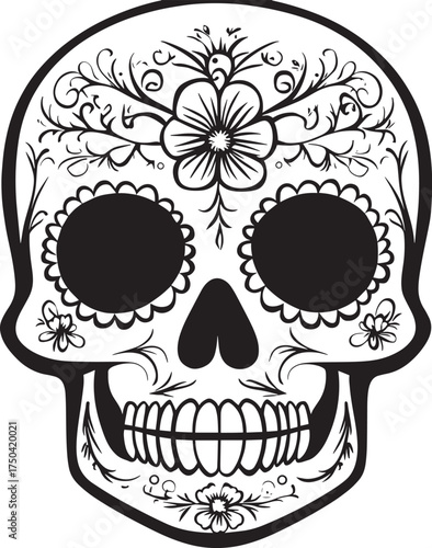 A detailed black and white illustration of a sugar skull with intricate floral and floral patterns, set vector illustration
