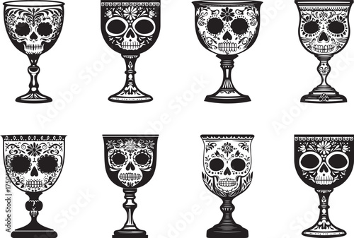 A set of eight black and white illustrations of ornate, ornamental, and decorative skulls on goblets, with a white background.