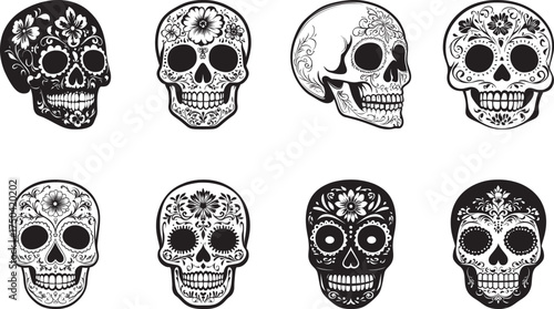A collection of ornate sugar skulls with floral designs, set vector illustration