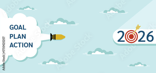 Airplane flying from 2025 to 2026 representing business planning, target and new year's goal setting to challenging strategic planning and future success. 2026 background banner vector illustration.

