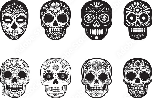 Set of eight black and white sugar skulls with intricate floral designs, representing Day of the Dead celebration.