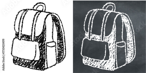 Chalk hand-drawn backpack vector. Ideal for school, travel, and adventure themes. This graphic symbolizes carrying gear, education, and outdoor exploration with a unique, sketchy aesthetic