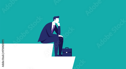 Businessman sitting alone thinking on edge, business decision challenge, future planning, risk management, success concept illustration
