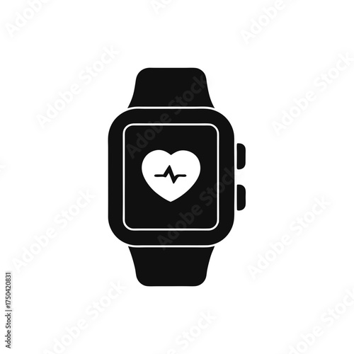 Black smartwatch with heart rate monitor app on transparent background silhouette