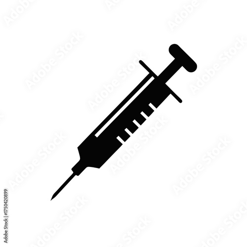 Black syringe with plunger and needle tip on transparent background silhouette