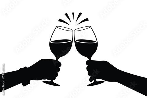 Black silhouette of two hands clinking wine glasses vector