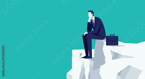Businessman sitting on cliff edge thinking, career decision, business challenge, risk management, future planning, leadership concept illustration
