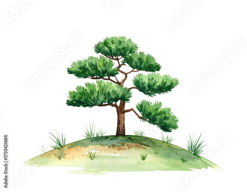 Watercolor illustration of a stylized tree on a small grassy mound