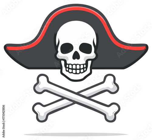 Jolly Roger skull and crossbones symbol with a classic pirate hat, simple vector illustration