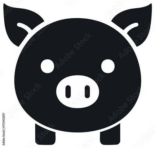 Silhouette Icon of a Round Pig with a Snout and Ears for Designs or Decoration, Farm Animals