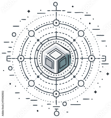 Abstract Geometric Sacred Geometry Cube Structure with Celestial Elements