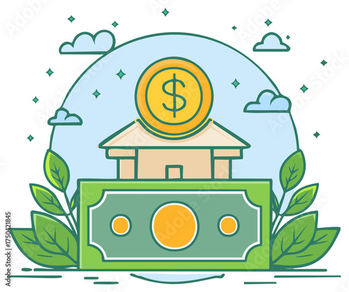 Vector illustration of a house piggy bank with dollar coin and banknote for savings and real estate investment