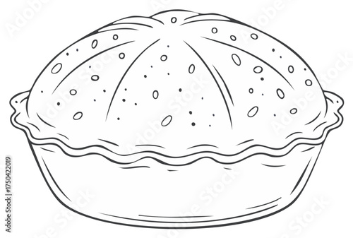 Hand drawn line art of a delicious pie with a lattice crust and decorative dots