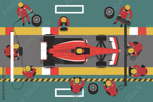 Top‑down view of a Formula 1 pit stop frenzy: mechanics swarm a race car, tools strewn across the lane, team executing a high‑speed service in action