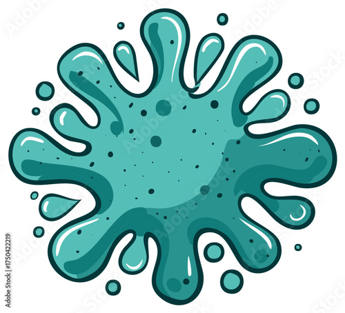 Dynamic cartoon splash of teal liquid with glossy drops and splatters