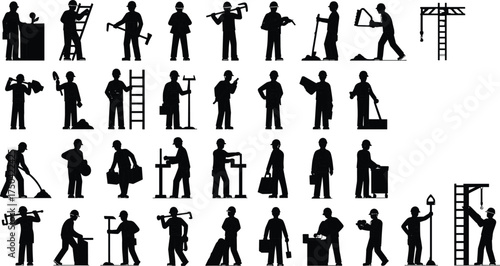 Construction worker silhouettes set, industrial labor people, builders with tools, repairmen, and engineers vector illustration design