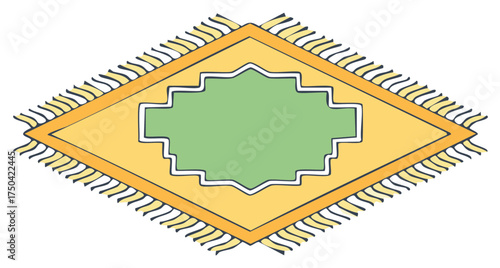 Traditional diamond shaped rug with green center and yellow border tassels