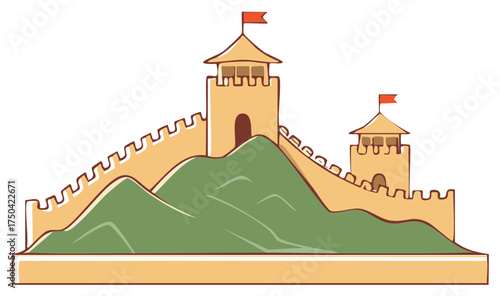 Cartoon illustration of an ancient fortress on a grassy hill