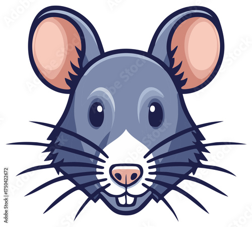 Cute cartoon rat head with large ears and whiskers, a friendly vector character mascot