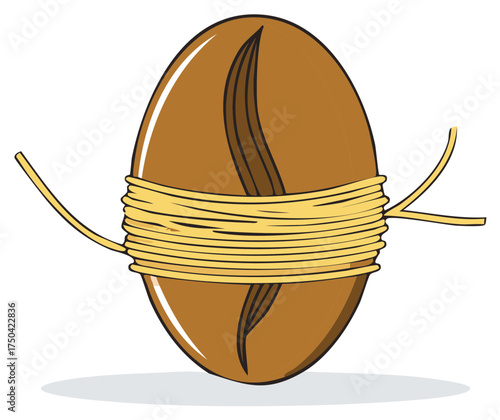 Conceptual illustration of a single large coffee bean tightly wrapped with yellow string or twine