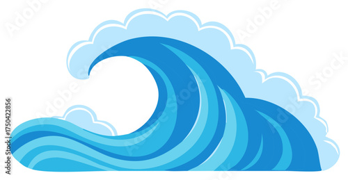 Stylized graphic illustration of a large blue curling ocean wave with sea foam crest