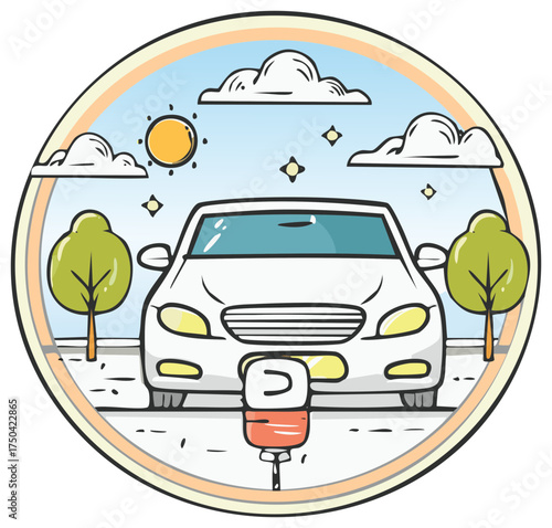Cartoon illustration of a parked car and meter on a sunny day in the city