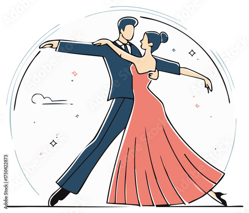 Elegant Couple Ballroom Dancing in Formal Attire in Stylized Illustration