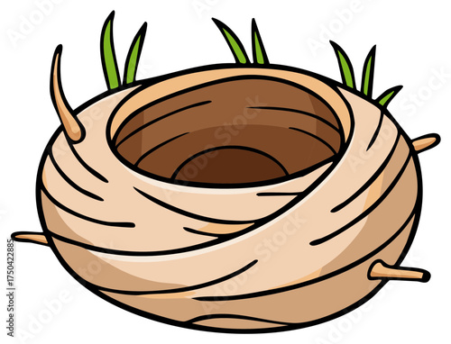 Cartoon Bird Nest with Green Grass on Top in Simple Flat Style Illustration