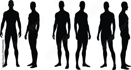 MobileMale human silhouette set, standing poses, front view, side view, anatomy reference, body proportion, character design, vector illustration