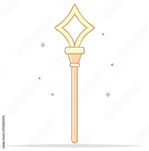 Golden diamond topped staff with sparkles flat illustration fantasy magic object