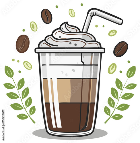 Layered Iced Coffee with Whipped Cream and Coffee Beans Vector Illustration