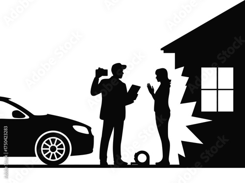 Black silhouette people car damaged house discussion vector