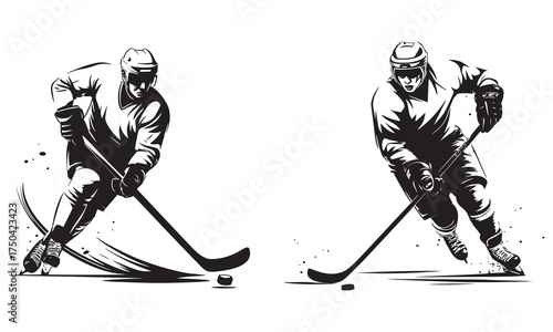 Dynamic black-and-white illustration of two hockey players in action, showcasing speed, skill, and power on the ice — perfect for sports art, team design, or athletic branding.