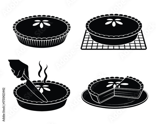 Black silhouette pies baking slicing serving pastry cooling rack