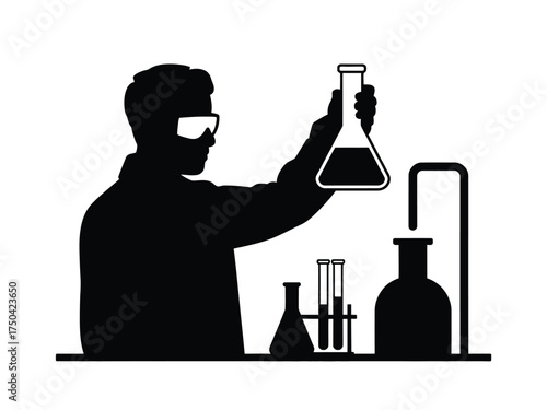 Black silhouette scientist holding flask in laboratory beaker
