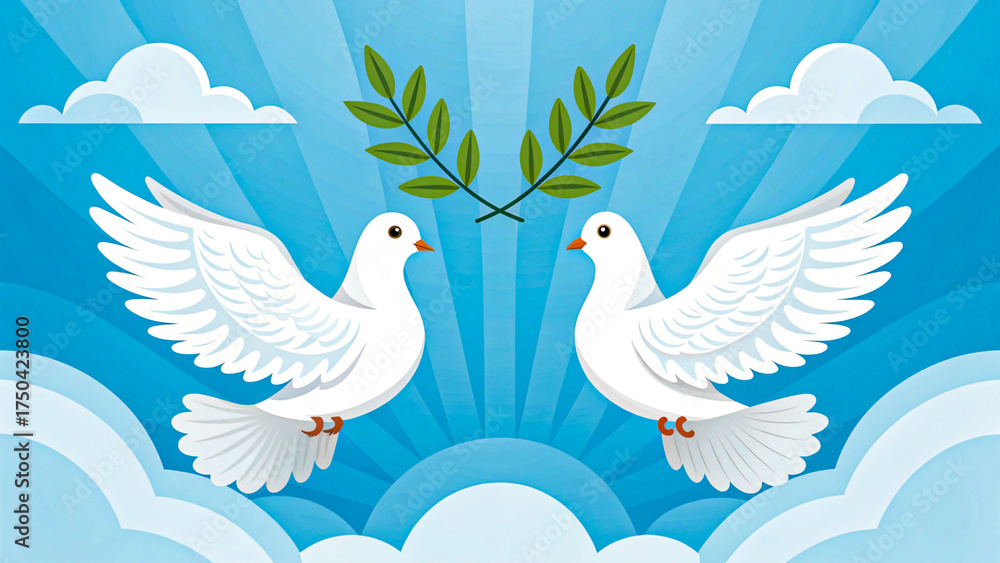Obraz premium Peace doves with olive branches in sky
