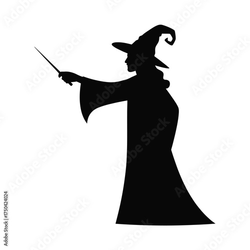 Black silhouette wizard casting spell with wand witch magic