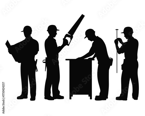 Black silhouette woodworkers with tools and blueprints silhouettes hard hats