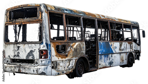 Heavily damaged bus exterior reveals burnt interior, missing windows, and rust