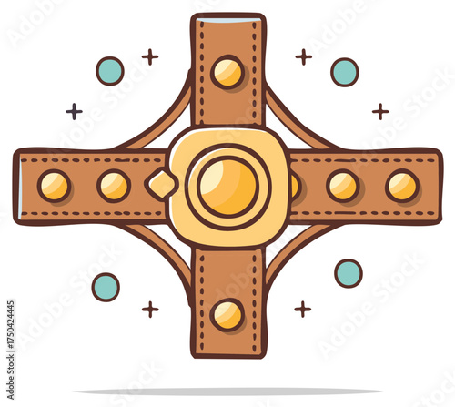 Leather Celtic cross with gold rivets and buckle cartoon doodle vector illustration
