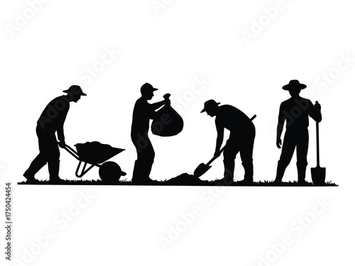 Black silhouettes farmhands working in field with tools farm workers labor
