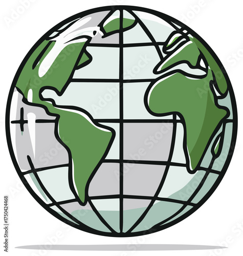 Stylized globe earth illustration. Green continents, grey oceans, with black grid lines.