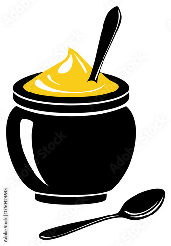 Mustard pot with a spoon in black and yellow, vector illustration, kitchen food design