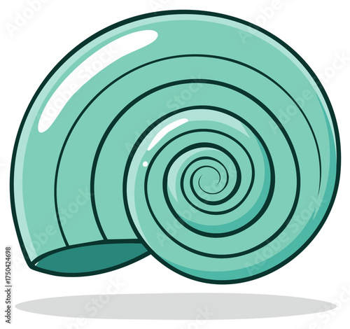 Illustration of an isolated spiraling sea shell with a light teal surface and a distinctive spiral pattern