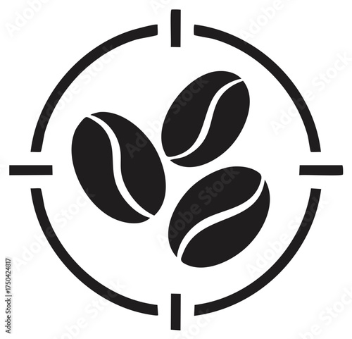 Minimalist vector icon of coffee beans in target crosshairs for a coffee shop or roastery logo
